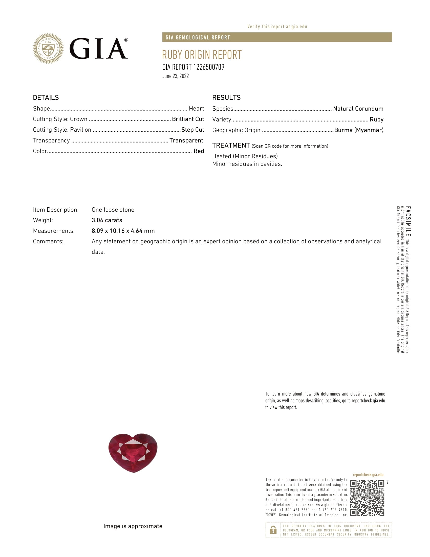 3.06 Carat Heart Shaped Red Ruby (GIA) 1226500709