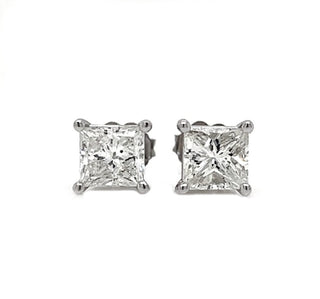 Natural Princess Cut Diamond Stud Earrings, in White Gold