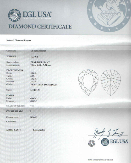 1.33 ct Diamond Pear Shaped I VS1 (EGLUSA) US 91053089D