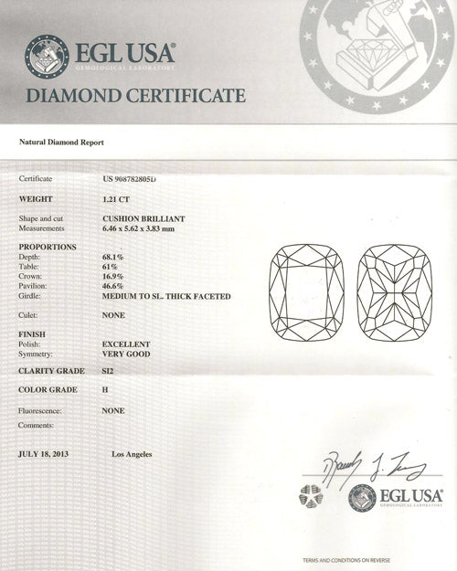 1.21 ct Diamond Cushion Cut H SI2 (EGLUSA) US908782805