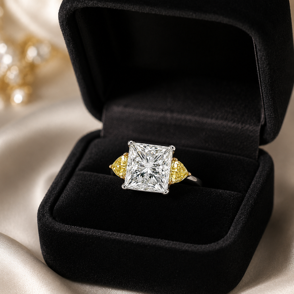 Natural Princess Cut Diamond with Triangle Cut Fancy Yellow 3 Stone 18KT Ring White Gold