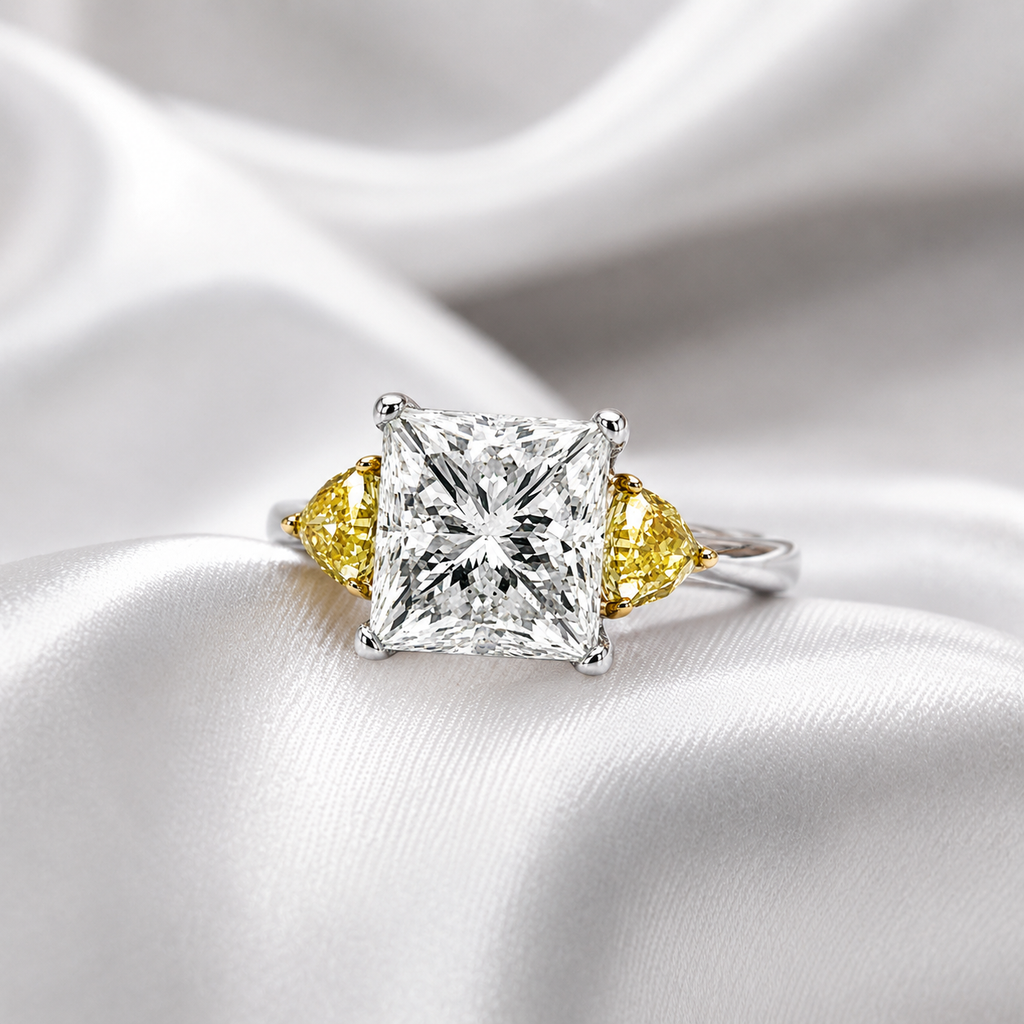 Natural Princess Cut Diamond with Triangle Cut Fancy Yellow 3 Stone 18KT Ring White Gold