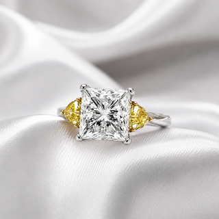 Natural Princess Cut Diamond with Triangle Cut Fancy Yellow 3 Stone 18KT Ring White Gold