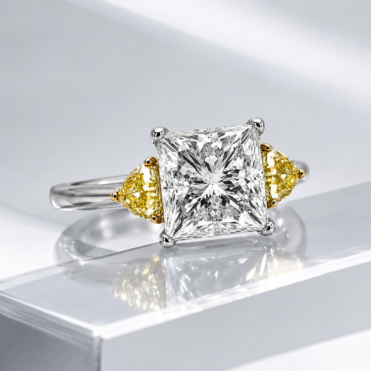 Natural Princess Cut Diamond with Triangle Cut Fancy Yellow 3 Stone 18KT Ring White Gold