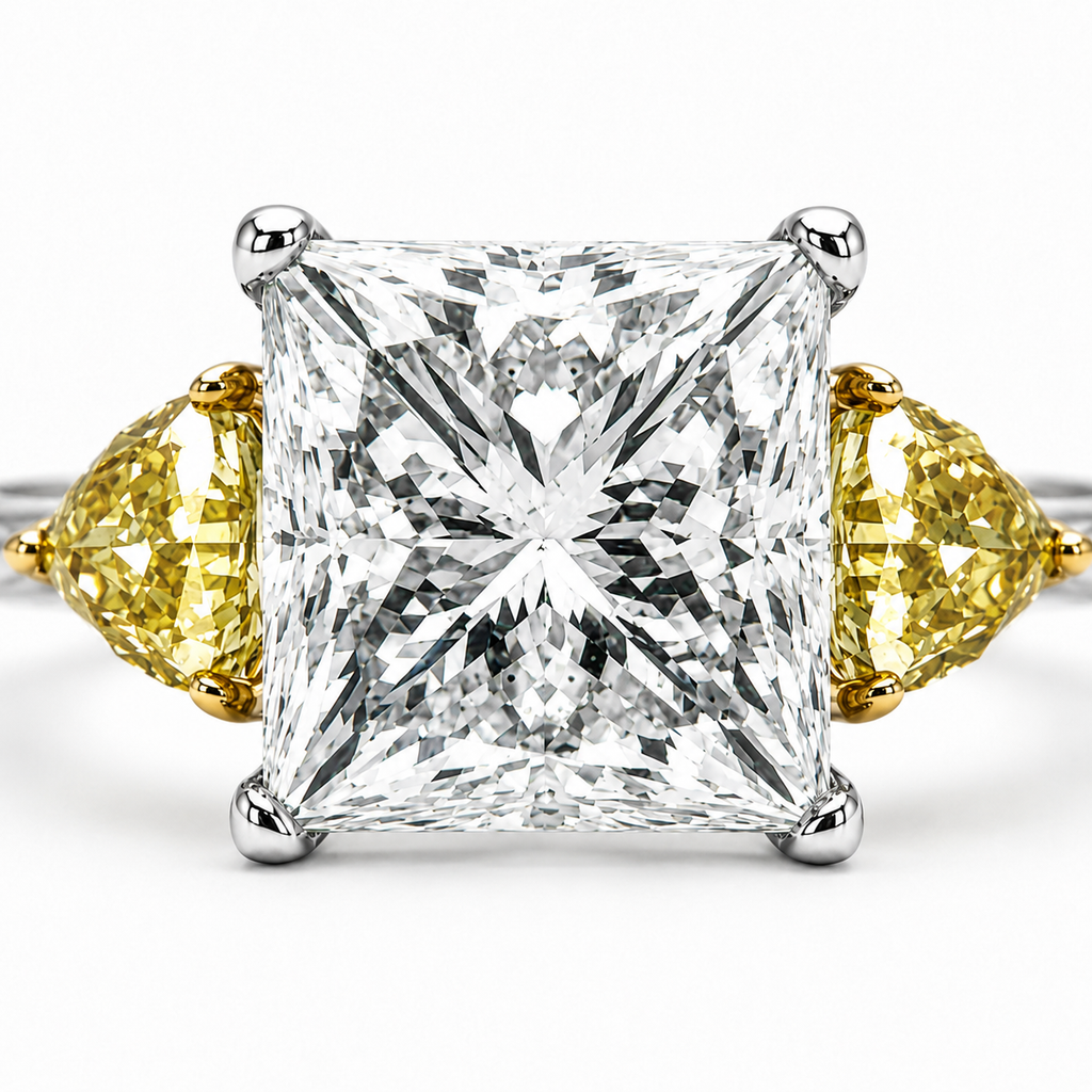Natural Princess Cut Diamond with Triangle Cut Fancy Yellow 3 Stone 18KT Ring White Gold