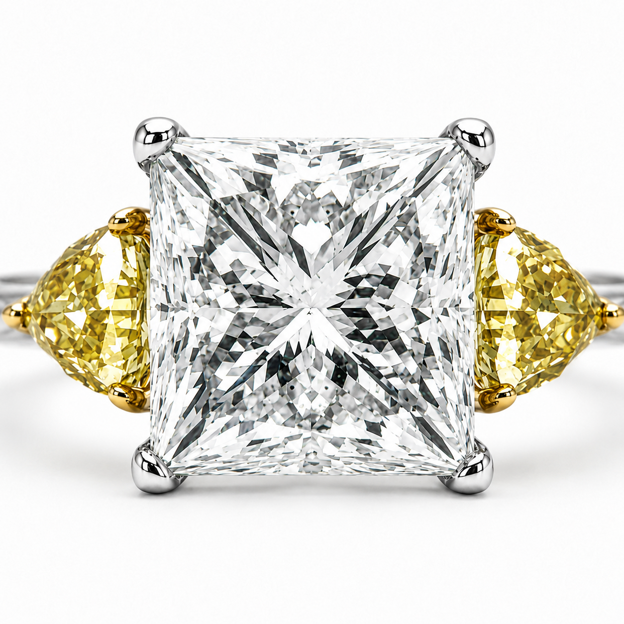 Natural Princess Cut Diamond with Triangle Cut Fancy Yellow 3 Stone 18KT Ring White Gold