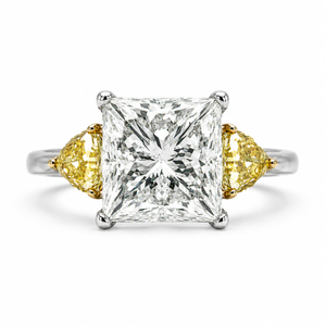 Natural Princess Cut Diamond with Triangle Cut Fancy Yellow 3 Stone 18KT Ring White Gold