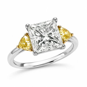 Natural Princess Cut Diamond with Triangle Cut Fancy Yellow 3 Stone 18KT Ring White Gold