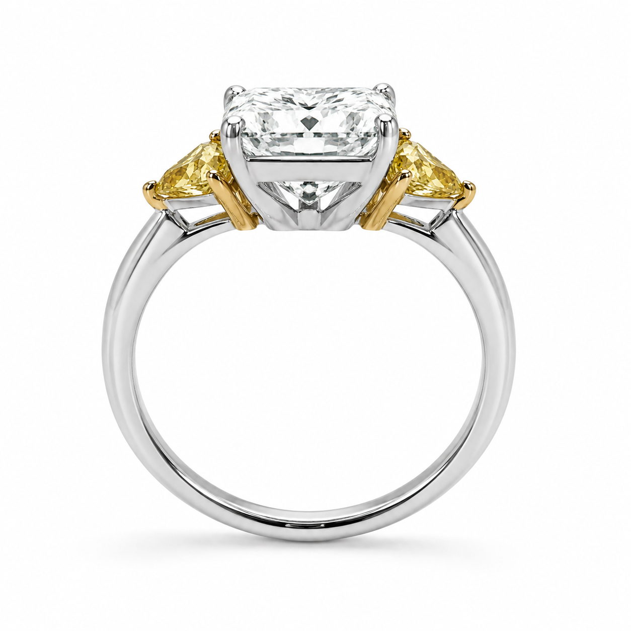 Natural Princess Cut Diamond with Triangle Cut Fancy Yellow 3 Stone 18KT Ring White Gold