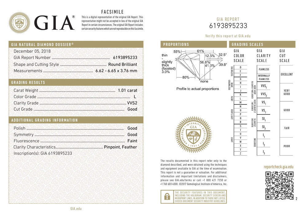 1.01 ct Diamond Round Cut L VVS2 (GIA) 6193895233