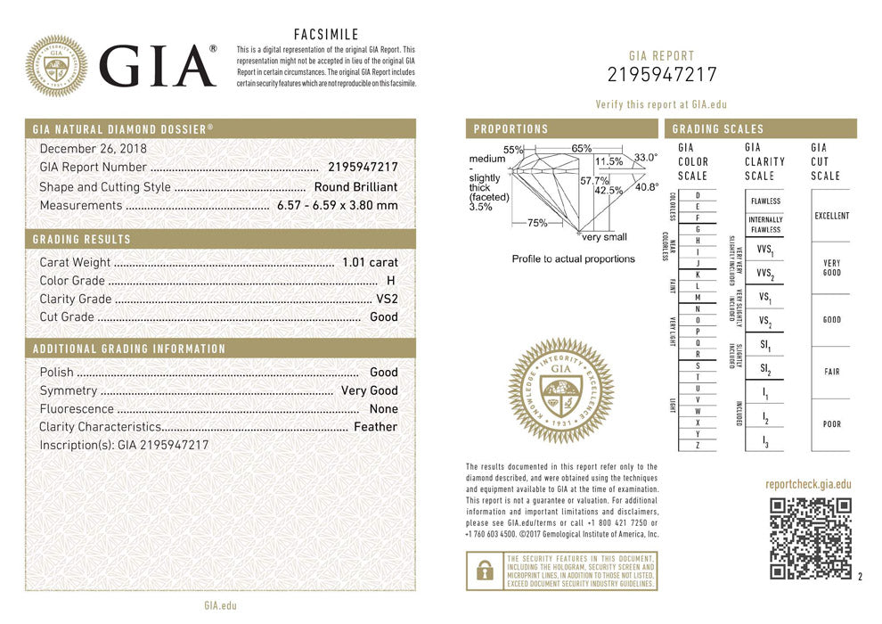 1.01 ct Diamond Round Cut H VS2 (GIA) 2195947217