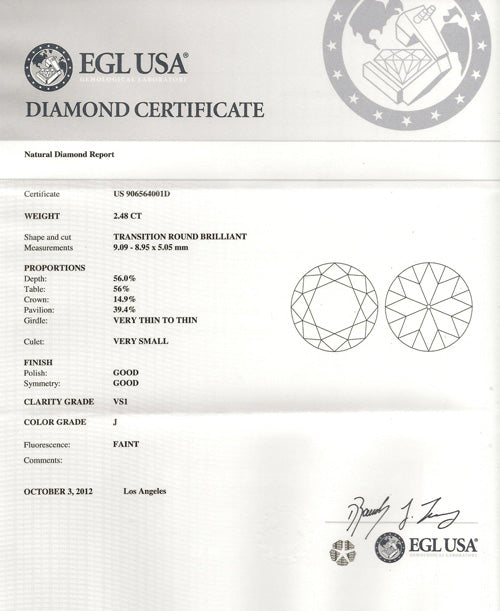 2.48 ct Diamond Round Cut J VS1 (EGLUSA) US906564001D