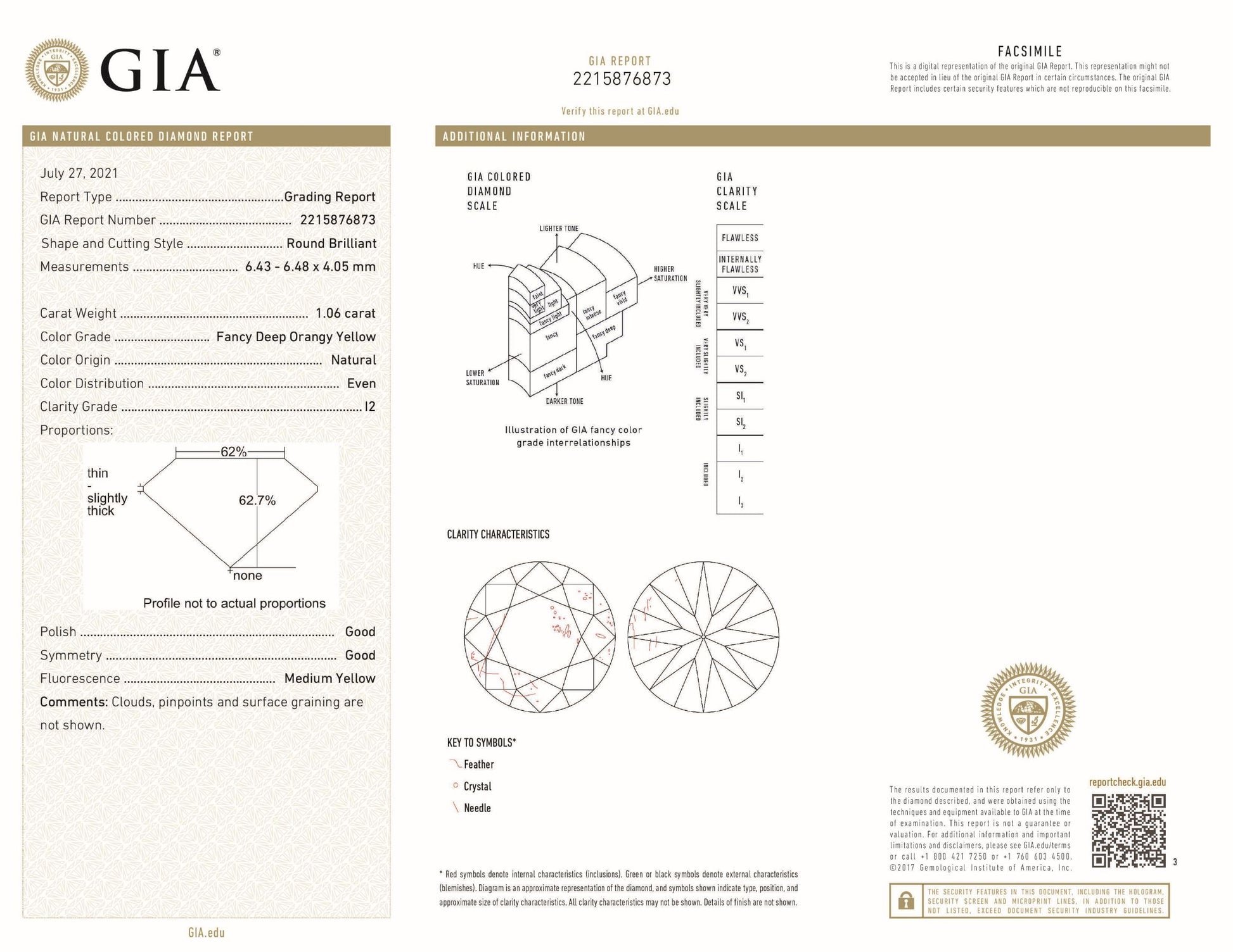 1.06 ct Diamond Round Cut FYO I2 (GIA) 2215876873