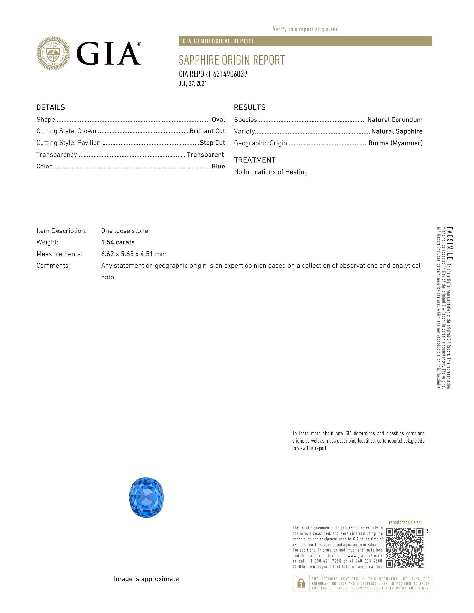 1.54 Carat Blue Oval Sapphire (GIA) 6214906039