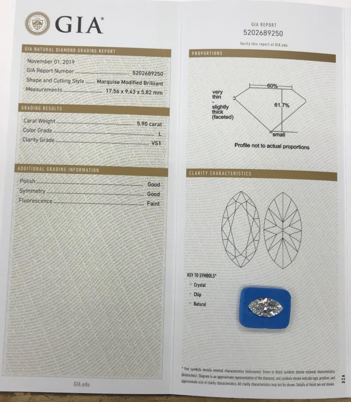 5.9 ct Diamond Marquise Cut L VS1 (GIA) 5202689250