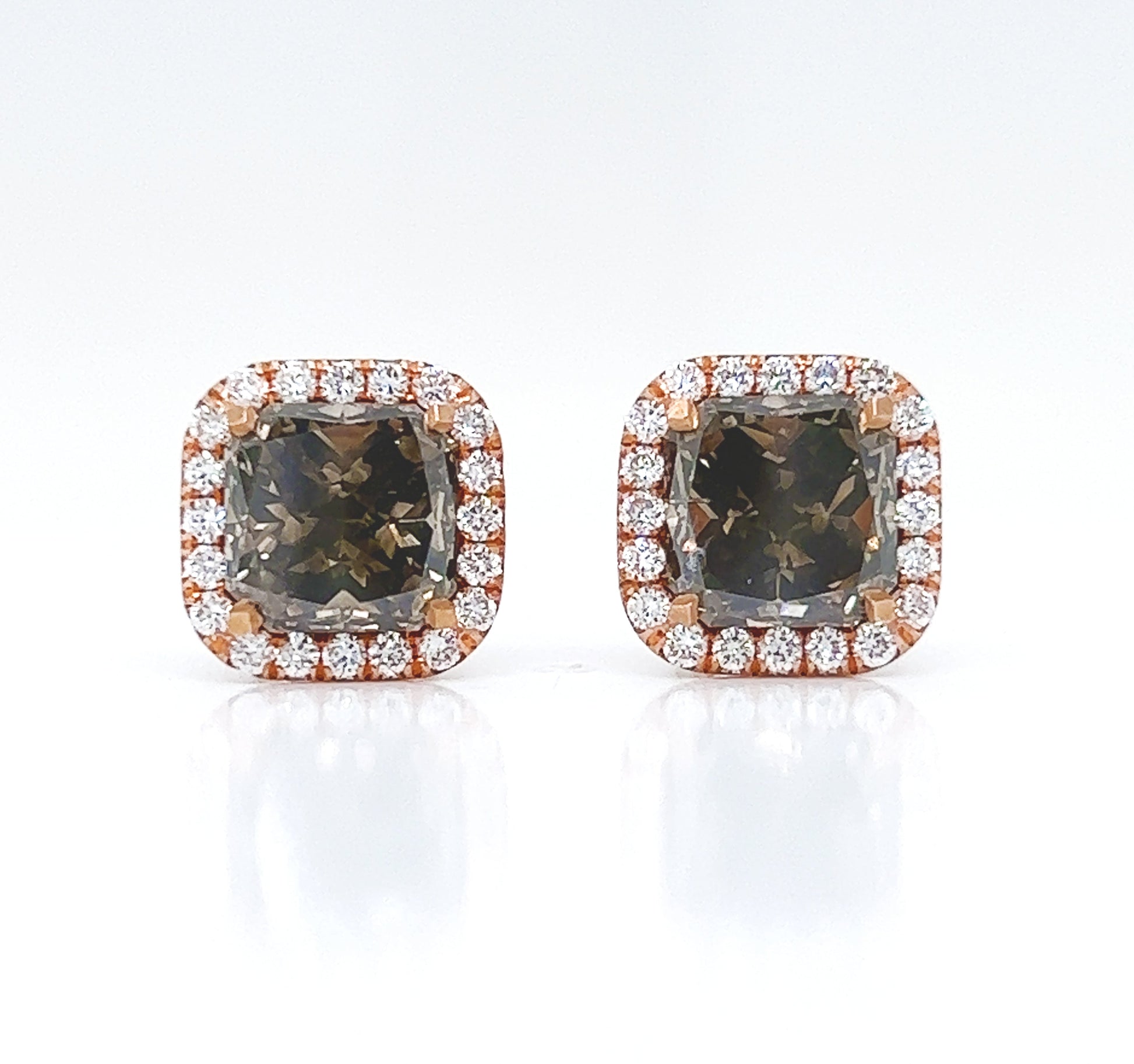 3.79 ct.tw. Natural Fancy Radiant Diamond Halo Stud Earrings, in Rose Gold
