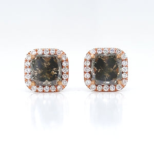 3.79 ct.tw. Natural Fancy Radiant Diamond Halo Stud Earrings, in Rose Gold