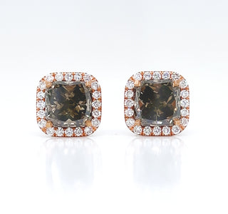 3.79 ct.tw. Natural Fancy Radiant Diamond Halo Stud Earrings, in Rose Gold