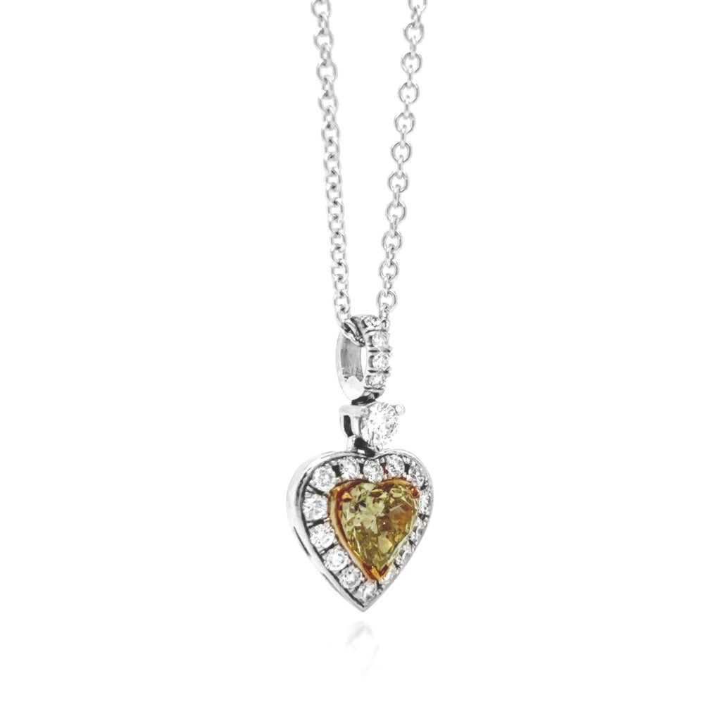 Natural Fancy Yellow Heart Diamond Halo Cocktail Pendant Necklace, in White Gold