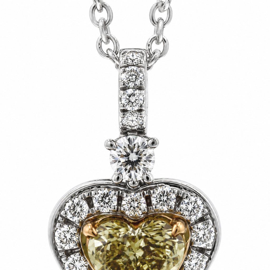 Natural Fancy Yellow Heart Diamond Halo Cocktail Pendant 18KT White Gold