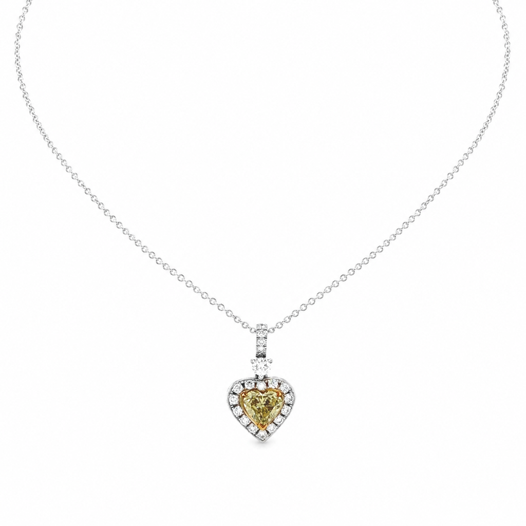 Natural Fancy Yellow Heart Diamond Halo Cocktail Pendant 18KT White Gold