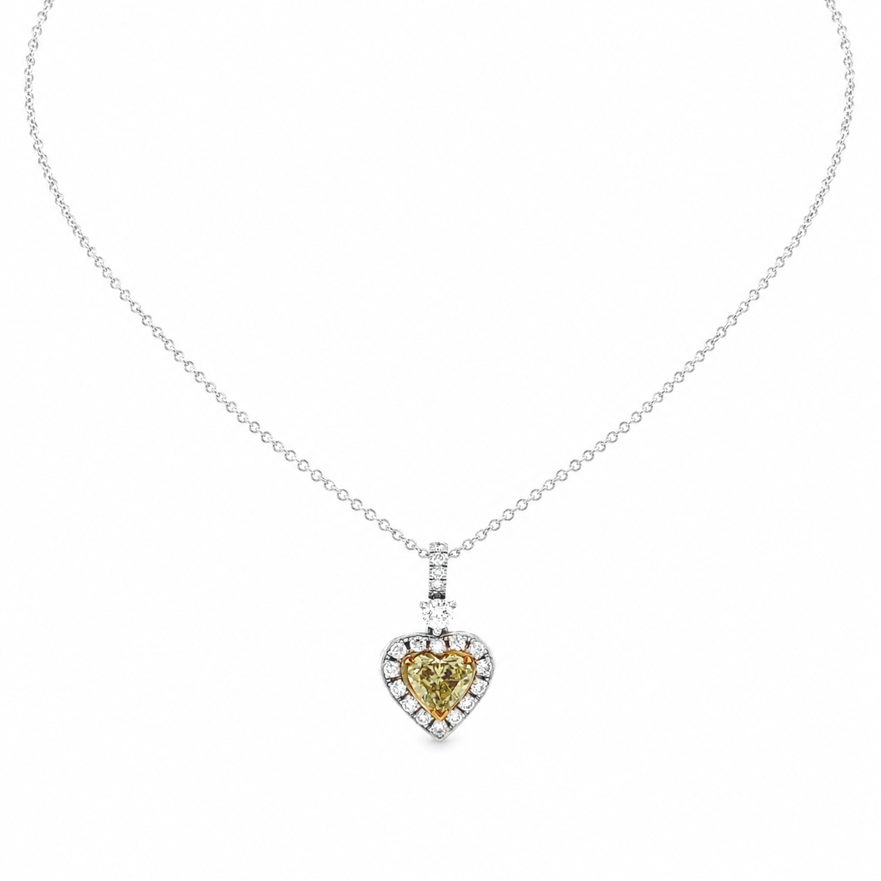Natural Fancy Yellow Heart Diamond Halo Cocktail Pendant 18KT White Gold