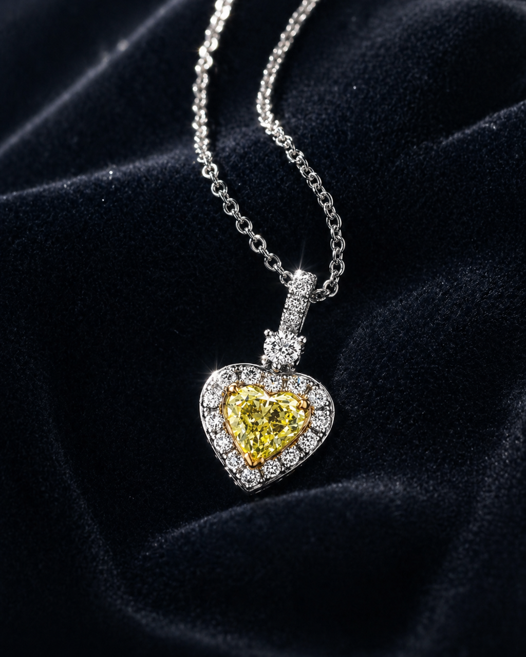 Natural Fancy Yellow Heart Diamond Halo Cocktail Pendant 18KT White Gold