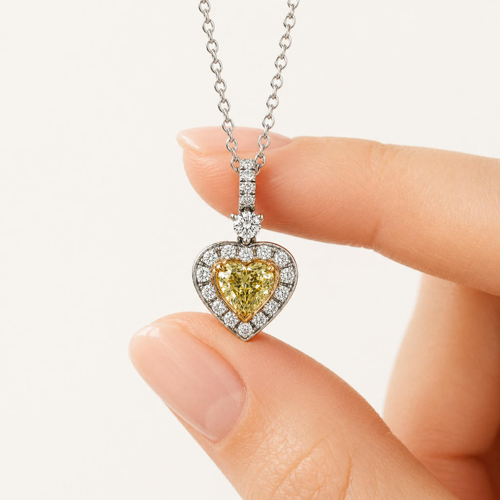Natural Fancy Yellow Heart Diamond Halo Cocktail Pendant 18KT White Gold