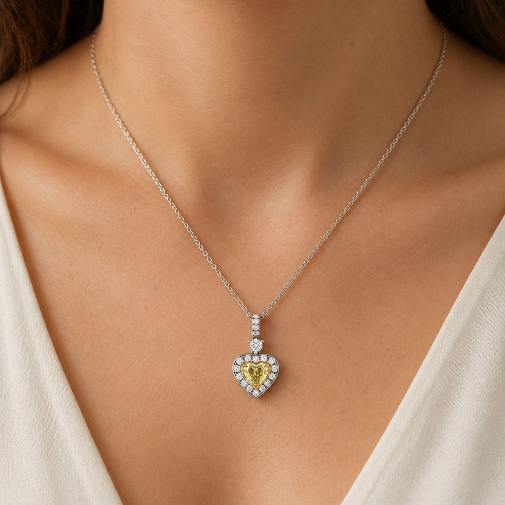 Natural Fancy Yellow Heart Diamond Halo Cocktail Pendant 18KT White Gold