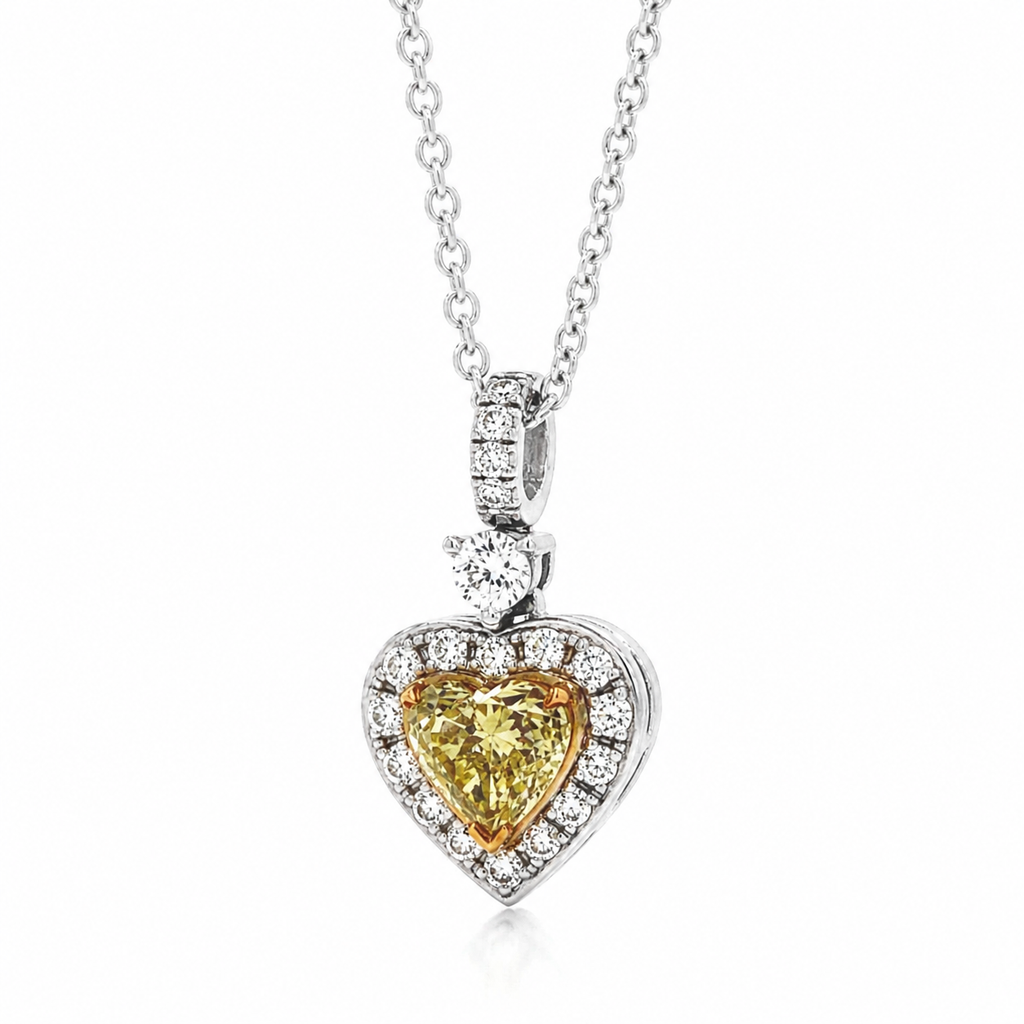 Natural Fancy Yellow Heart Diamond Halo Cocktail Pendant 18KT White Gold