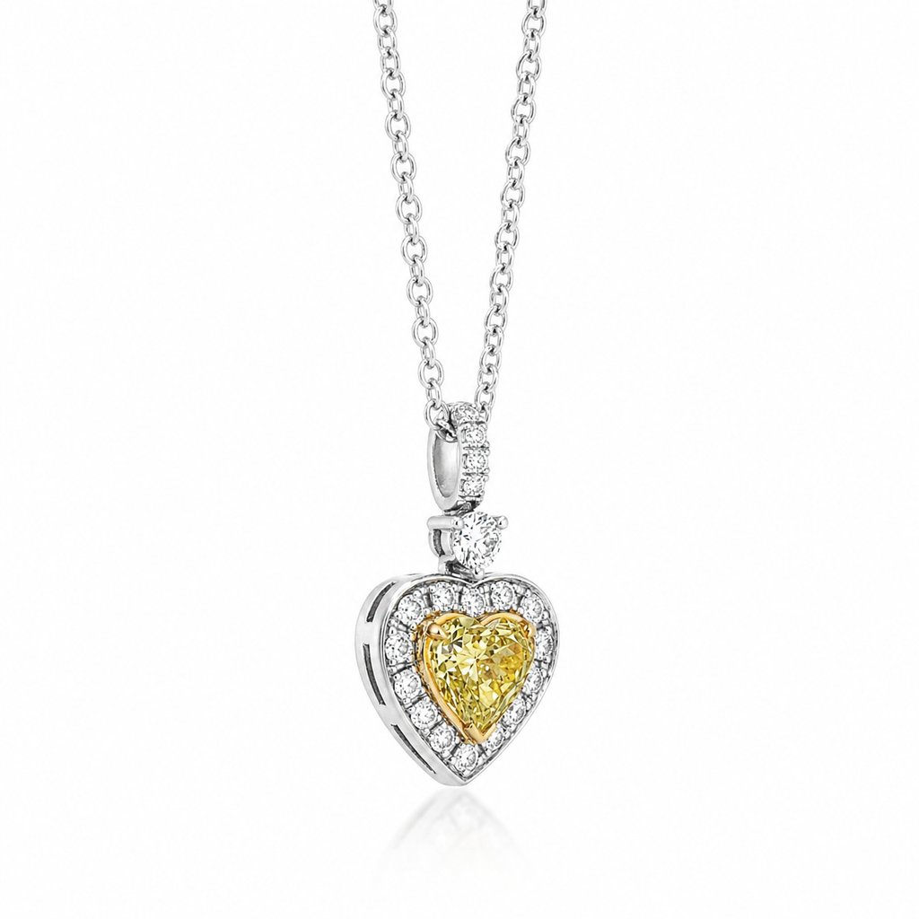 Natural Fancy Yellow Heart Diamond Halo Cocktail Pendant 18KT White Gold