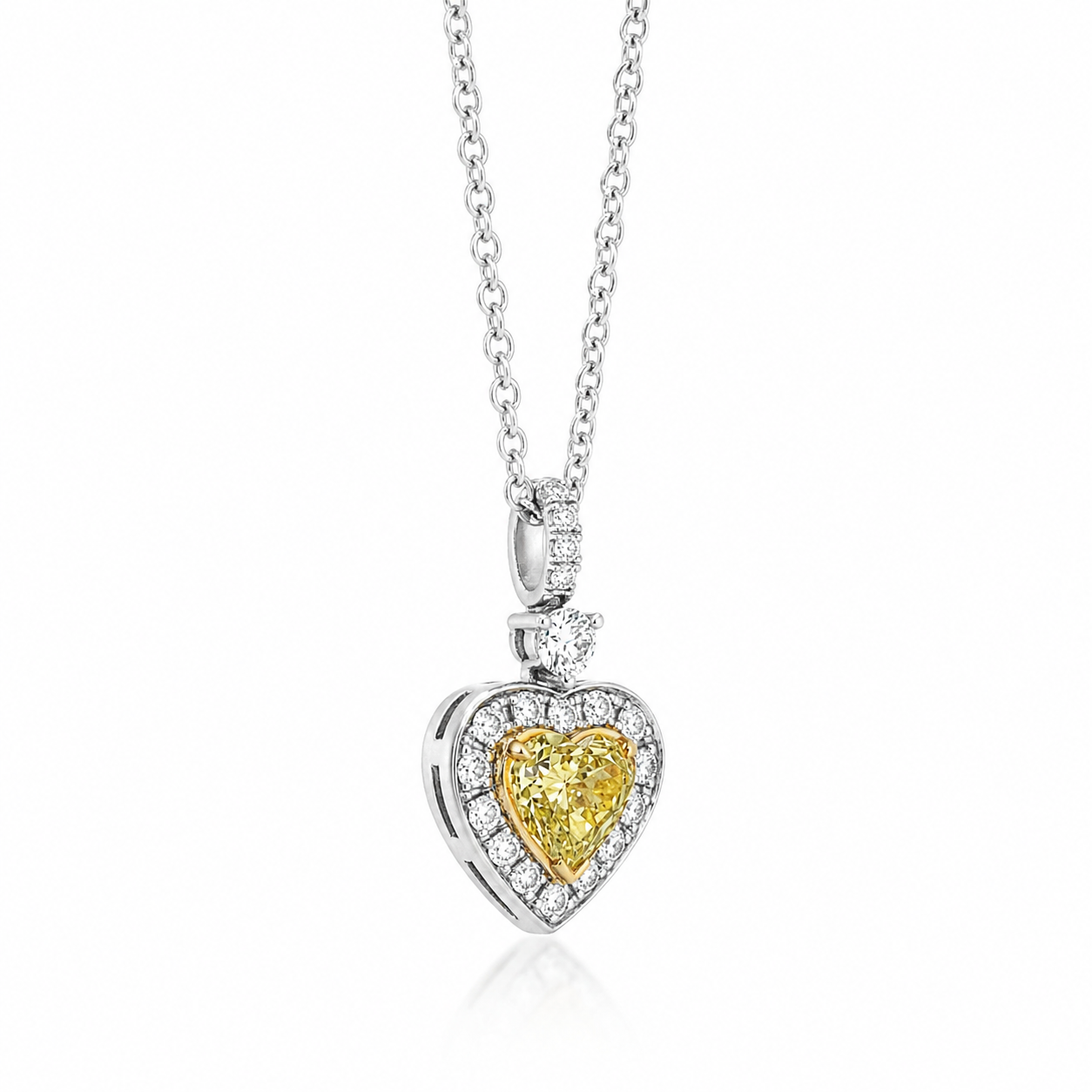 Natural Fancy Yellow Heart Diamond Halo Cocktail Pendant 18KT White Gold