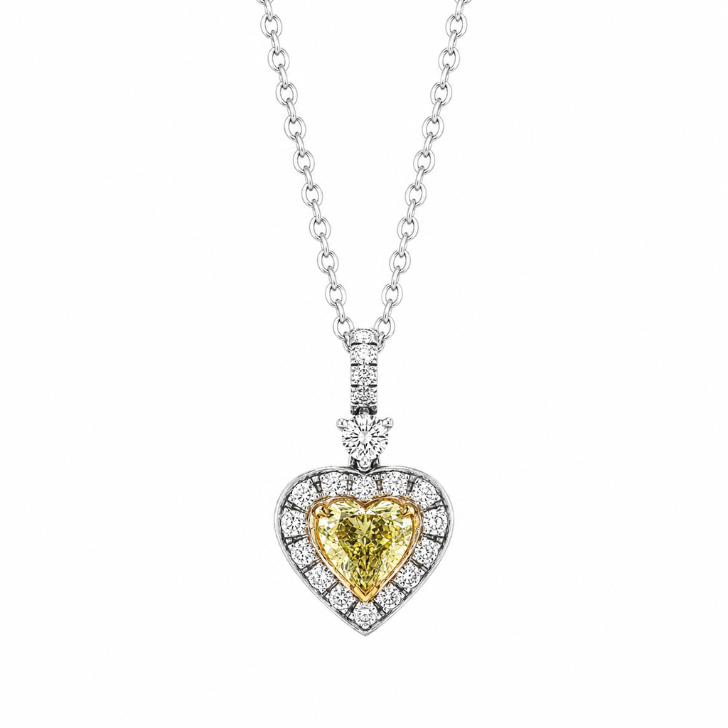 Natural Fancy Yellow Heart Diamond Halo Cocktail Pendant 18KT White Gold