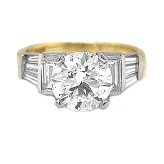 Natural Mined Round and Baguette Cut Diamond Bridal Ring Yellow Gold GIA
