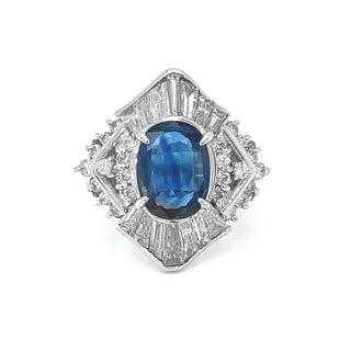 Natural Mined Blue Sapphire and Diamond Cluster Cocktail Ring Platinum