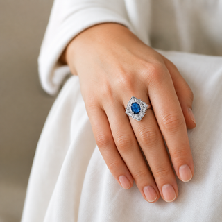 Natural Blue Sapphire and Diamond Cluster Cocktail Platinum Ring