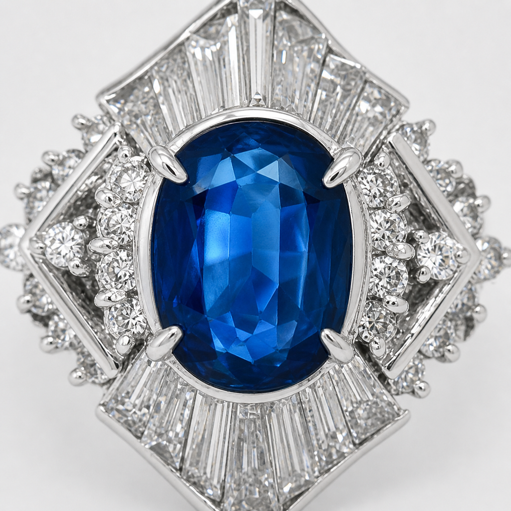 Natural Blue Sapphire and Diamond Cluster Cocktail Platinum Ring