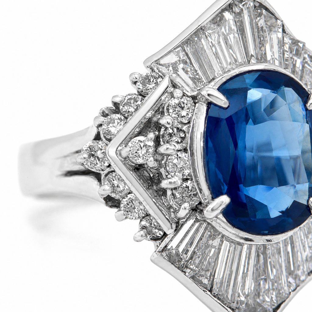Natural Blue Sapphire and Diamond Cluster Cocktail Platinum Ring
