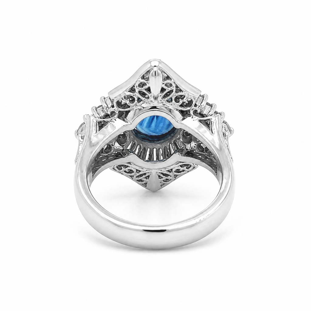Natural Blue Sapphire and Diamond Cluster Cocktail Platinum Ring