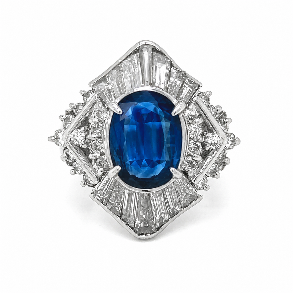 Natural Blue Sapphire and Diamond Cluster Cocktail Platinum Ring