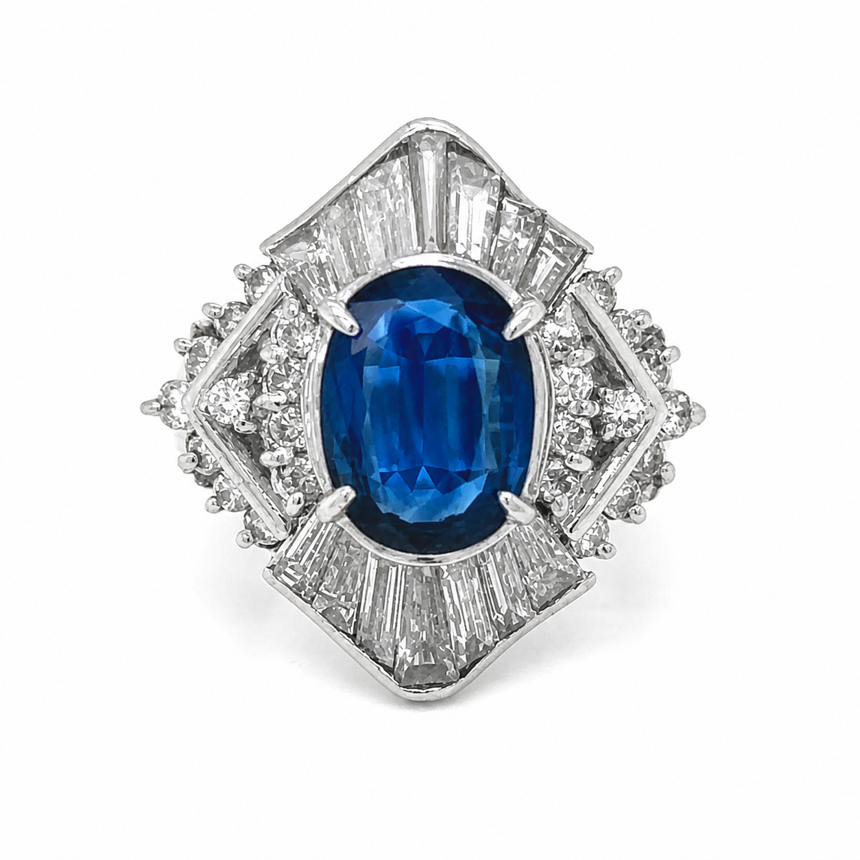 Natural Blue Sapphire and Diamond Cluster Cocktail Platinum Ring