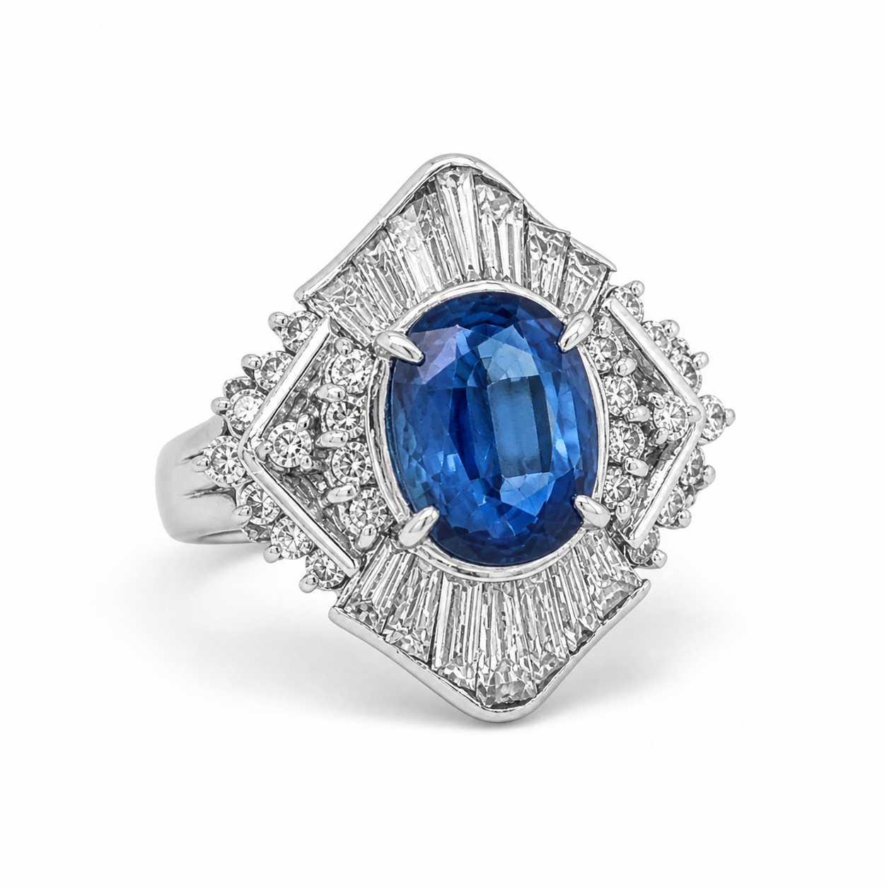 Natural Blue Sapphire and Diamond Cluster Cocktail Platinum Ring