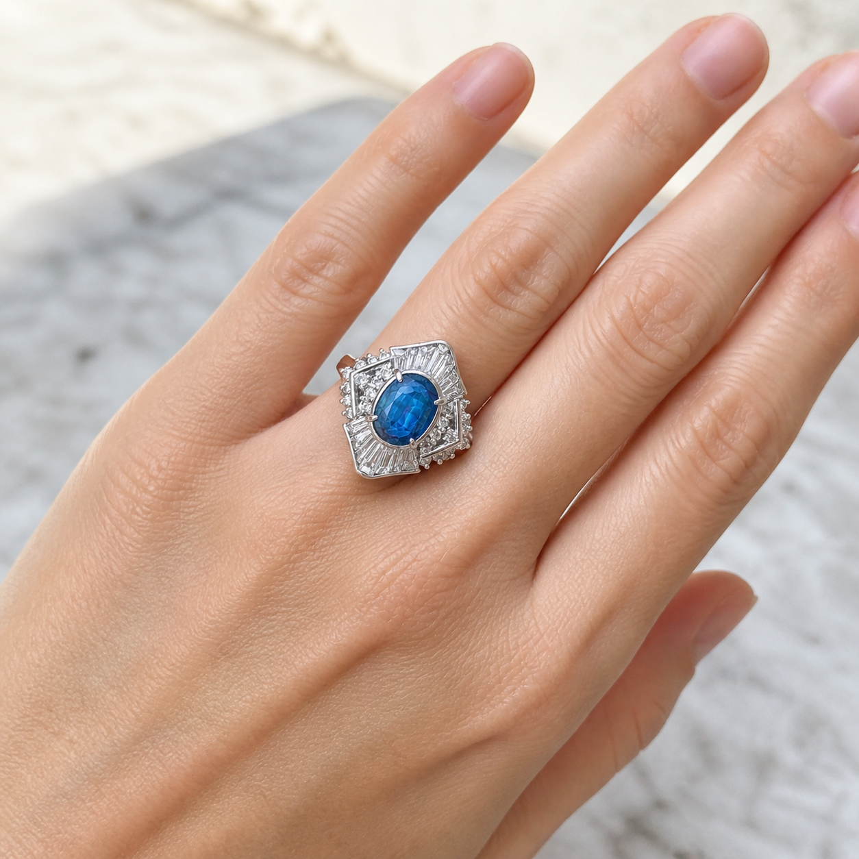 Natural Blue Sapphire and Diamond Cluster Cocktail Platinum Ring