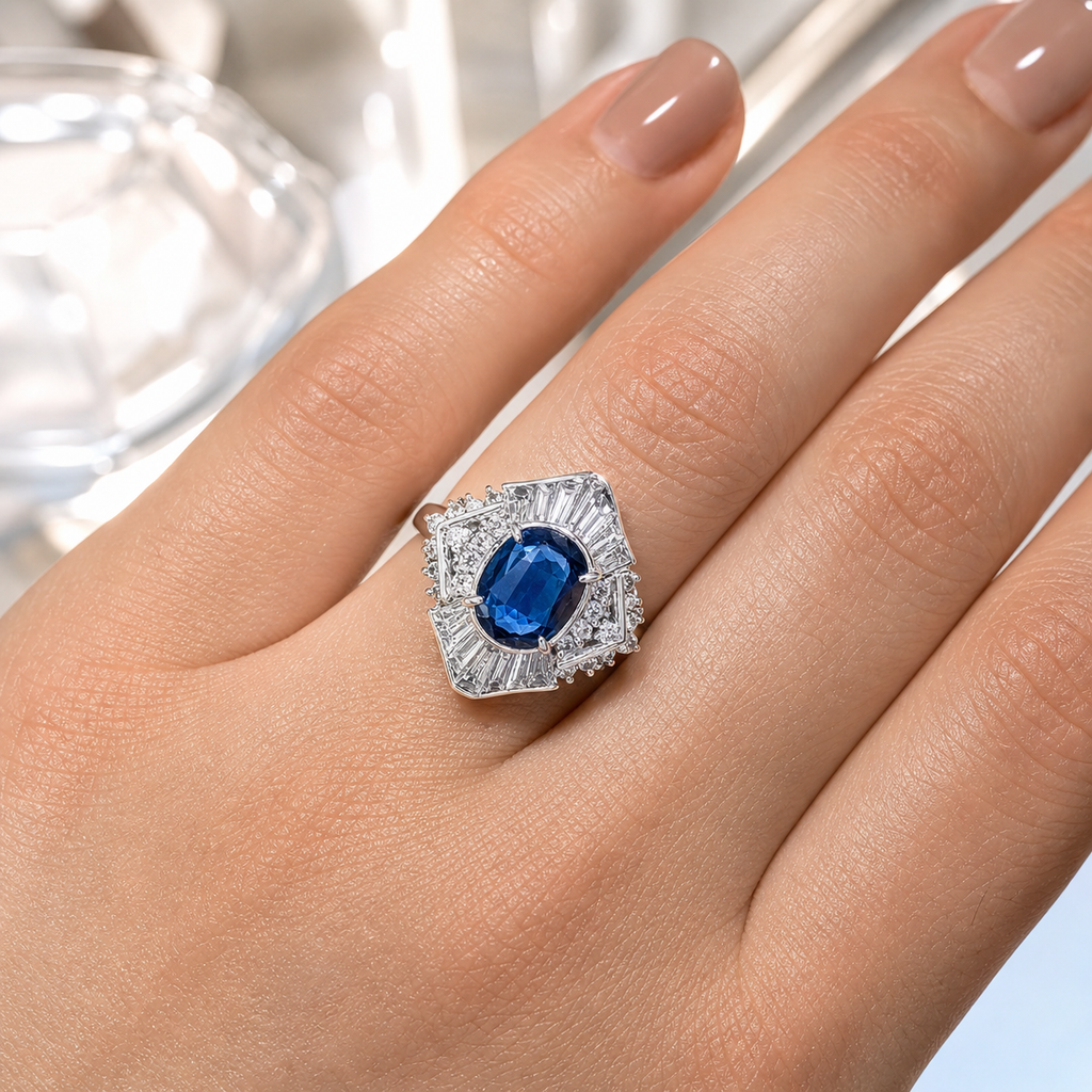Natural Blue Sapphire and Diamond Cluster Cocktail Platinum Ring