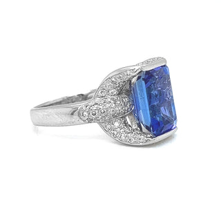 Natural Mined Radiant Tanzanite and Diamond Halo Cocktail Art Deco Ring Platinum