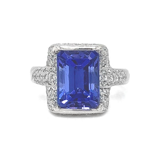 Natural Mined Radiant Tanzanite and Diamond Halo Cocktail Art Deco Ring Platinum