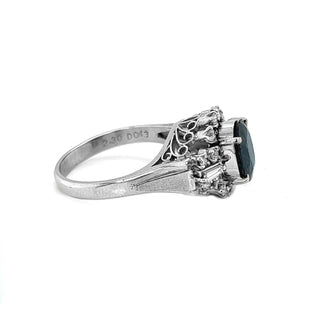 Natural Mined Blue Sapphire and Diamond Art Deco Cluster Platinum Ring