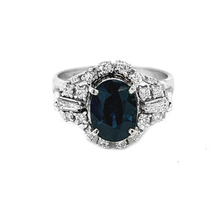 Natural Mined Blue Sapphire and Diamond Art Deco Cluster Platinum Ring