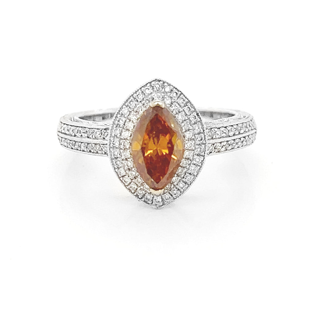 Natural Fancy Deep Brownish-Yellowish Orange Diamond Halo Bridal Ring Platinum
