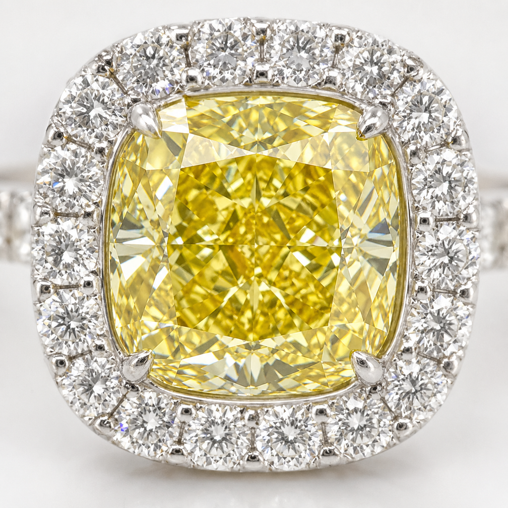 Natural Fancy Yellow Diamond Halo Bridal Ring 18KT White Gold